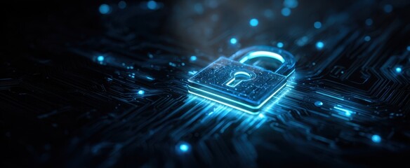 The glowing digital padlock securing data in a high-tech environment.
