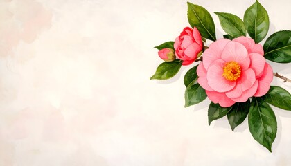 Fototapeta premium Elegant pink camellia flower on bright white background in soft watercolor sketch art
