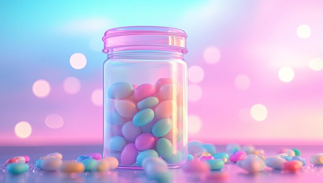 A clear glass jar filled with colorful jelly beans.  Pastel colors, bokeh - Powered by Adobe