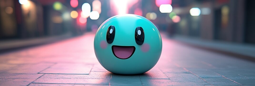 Happy 3D Teal Emoji Winking on Blurred Urban Background, Radiating Joy, Hope, and Excitement