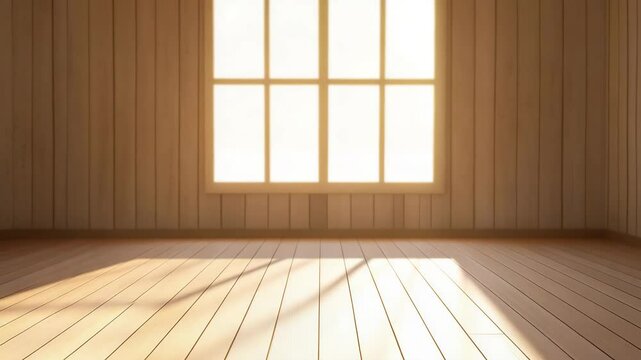 Empty wooden room with sunlight streaming through large window creating warm shadows on wooden floor and wall panel, bright natural light fills interior empty space with peaceful atmosphere