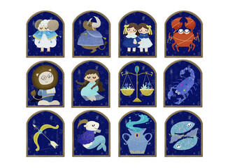 十二星座のかわいい手描きイラストセット