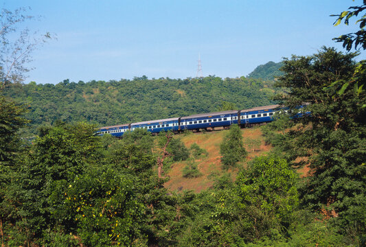 View of konkan rail train passing Chiplun ghat, Maharashtra, India