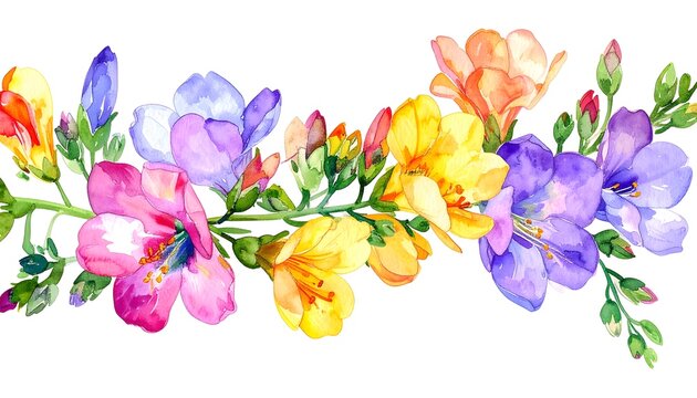 Vibrant watercolor floral border featuring freesia flowers in a cozy artistic style