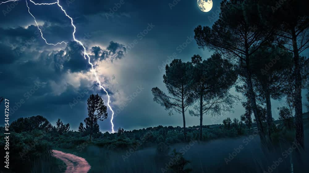 Poster lightning strikes illuminate a moonlit path through trees at night, lightning strikes and moon above