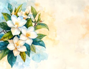 Lovely white gardenia flower on a blue and yellow watercolor background in soft hues