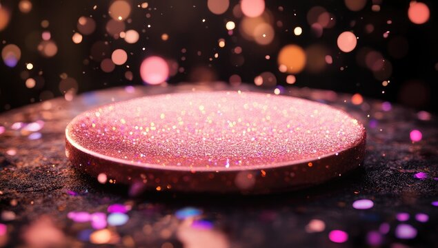 Glittery rose gold circle platform on dark background