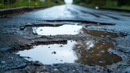 Fototapeta premium Rain puddles on road with potholes--highway in disrepair during rainy weather. 