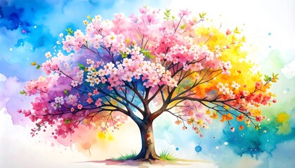 Whimsical watercolor study of a tree blooming with colorful flowers in playful style