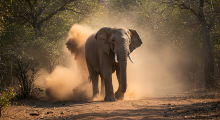 Obraz premium Majestic African Elephant Kicking Up Dust in the Wild, Nature Photography
