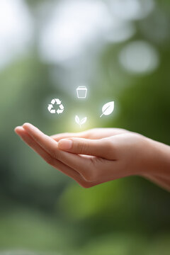 Palm with realistic glowing interface showing product traceability and eco lifecycle system, DPP core, Selective Focus..