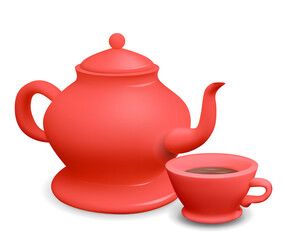 Vector 3d illustration red porcelain teapot with cup on isolated from background. Realistic image of kitchenware. Kettle and cup for recipes, banners and your design