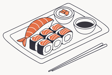 Delicious sushi platter with salmon and soy sauce