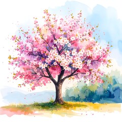 Whimsical watercolor study of a blooming cherry blossom tree in full pink floral glory
