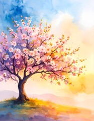 Fototapeta premium Whimsical watercolor study of a blooming cherry blossom tree in full pink floral glory