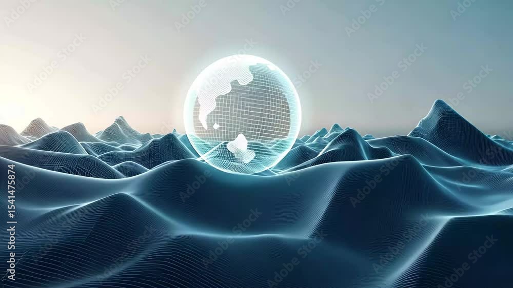 Poster big data visualization featuring a glowing sphere above a wireframe landscape at sunset, sphere and 