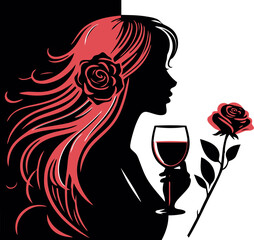 A black-and-white silhouette of a woman with flowing red hair and a single red rose. She is holding a glass of red wine, and her gaze is directed towards the wine. Moment of Indulgence
