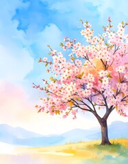 Whimsical watercolor study of a blooming cherry blossom tree with delicate pink flowers