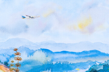 Watercolor landscape paintings airplane in sky of travel airline flight and blue copy space with mountain background.