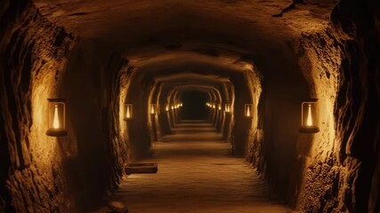 Ancient underground tunnel illuminated by warm lantern light reveals mysterious passageway with rough stone walls and sandy floor, creating eerie corridor fading into dark cave light - Powered by Adobe