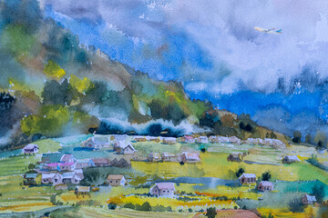Watercolor landscape paintings village airplane in sky of travel airline flight with mountain, farmer farm rice field background.