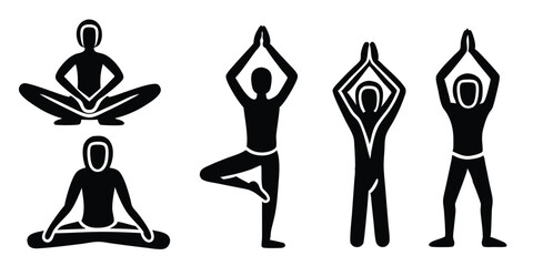 Black yoga poses silhouette set showing different stretching and mindfulness exercises