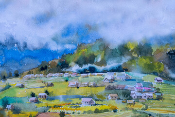 Watercolor landscape paintings village airplane in sky of travel airline flight with mountain, farmer farm rice field background.