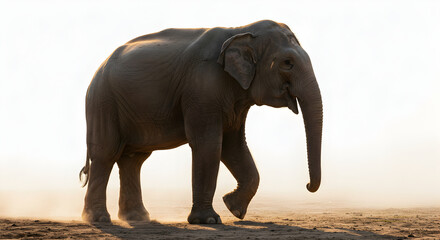 Fototapeta premium Stunning Asian Elephant Walking Across the Dry Landscape Against a Bright Background