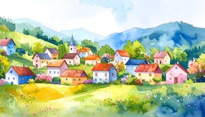 Obraz premium Delightful watercolor depiction of a village with majestic mountains in the background