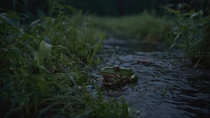 A green frog sitting in a stream surrounded by lush green vegetation in a natural environment