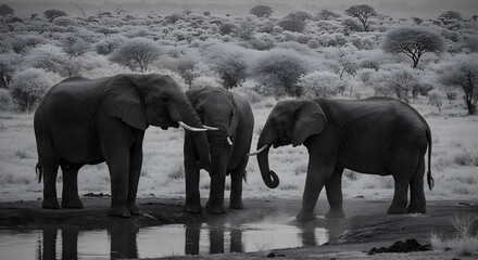 Three Elephants near a Body of Water in Monochrome with a Rural Backdrop