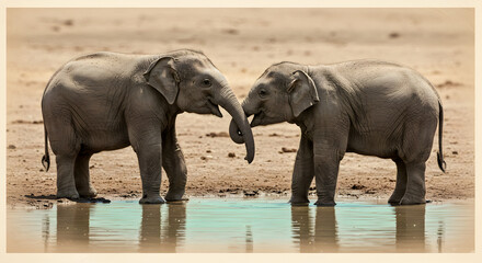 Two Adorable Baby Elephants Touching Trunks, Close-Up, Animals, Nature, Wildlife