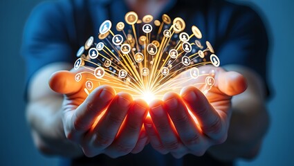 Two hands gently cradling a vibrant glowing sphere emanating numerous interconnected golden lines each culminating in a small white profile icon symbolizing a network of connections a concept of