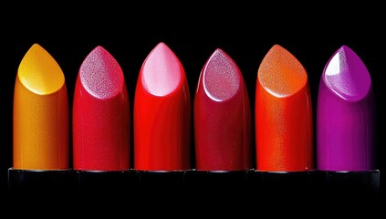 Close-up of six lipsticks in a gradient of colors, from gold-orange to deep purple, against a black background.  Each lipstick displays a pointed tip and glossy finish