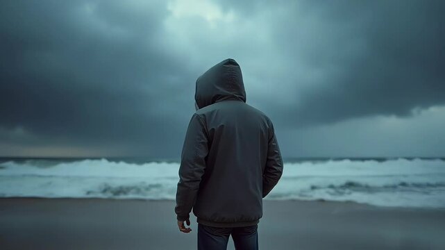 Man with hoodie faces stormy sea horizon