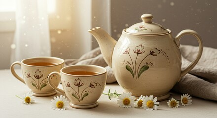 Delightful floral teapot and teacups sit near chamomile flowers in soft morning light, creating a peaceful tea time scene.
