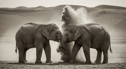 Two elephants interact with each other in a sepia tone desert landscape