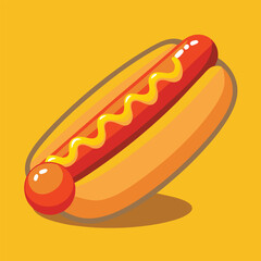 Cartoon Hot Dog with Mustard on Yellow Background Simple Flat Vector Illustration Fast Food Icon American Cuisine Lunch or Dinner Delicious Meal Takeout Food