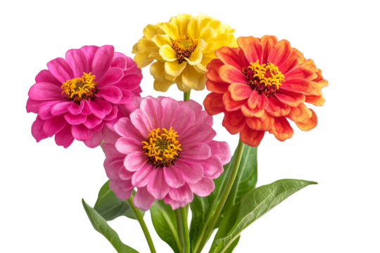 High-resolution zinnia flower cluster PNG with transparent background, perfect for seamless floral cutouts and digital design projects