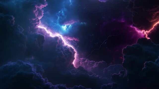 Electric purple lightning bolts strike through dark storm clouds dramatic night sky, illuminating vibrant energy and powerful thunderstorm forces creating intense electric sky full of energy