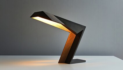 Modern, geometric desk lamp.  Dark gray, angular, sculpted base and arm; warm light