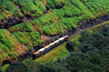 Aerial view of Mini train, Matheran, district Alibaug, Maharashtra, India