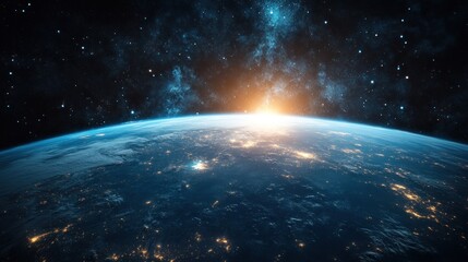 Earthrise over night cities, space view