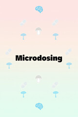 Microdosing word in elegant modern lettering with icons of capsules and brain on soft pastel background, Flat Illustration..