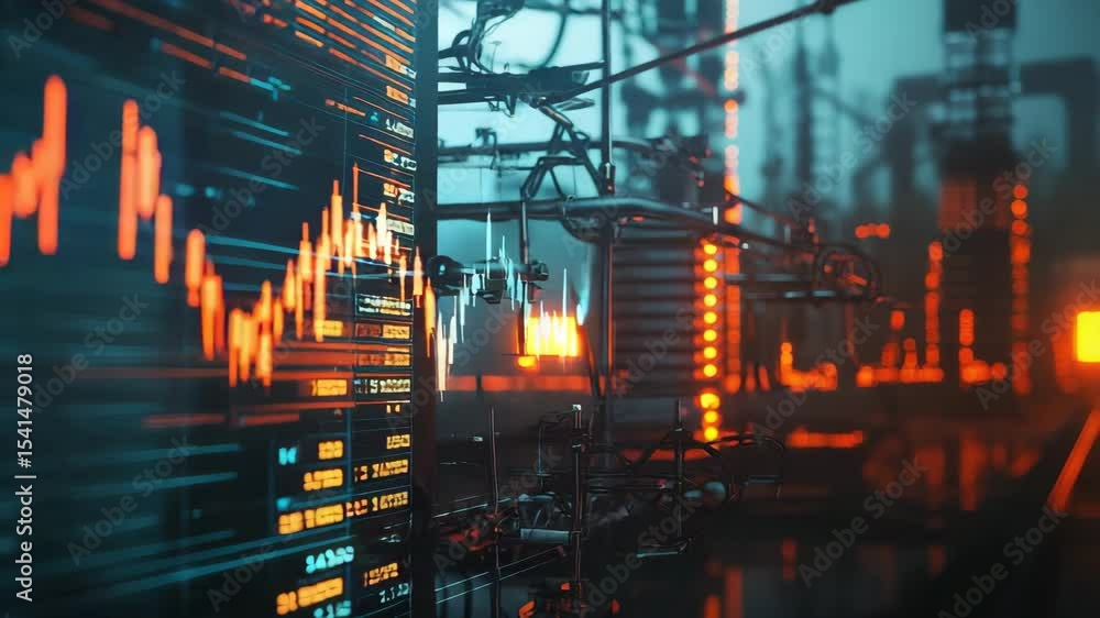 Poster A glowing digital financial chart displays changing data points in a high-tech, futuristic environment.