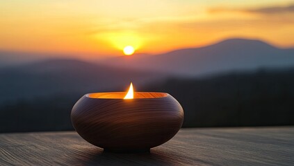 Wooden bowl candle at sunrise over mountains