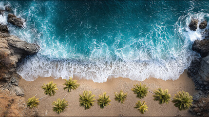 Aerial View of Secluded Tropical Beach with Palm Trees