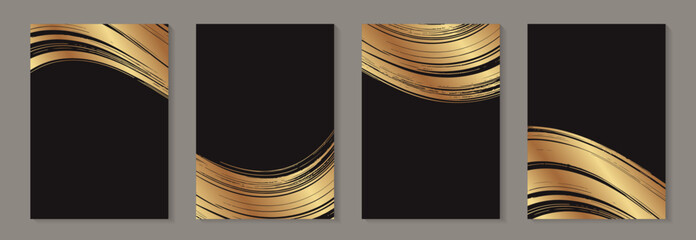 Golden waves on a black background. Grunge luxury wedding invitation design or card templates for business or poster or greeting.