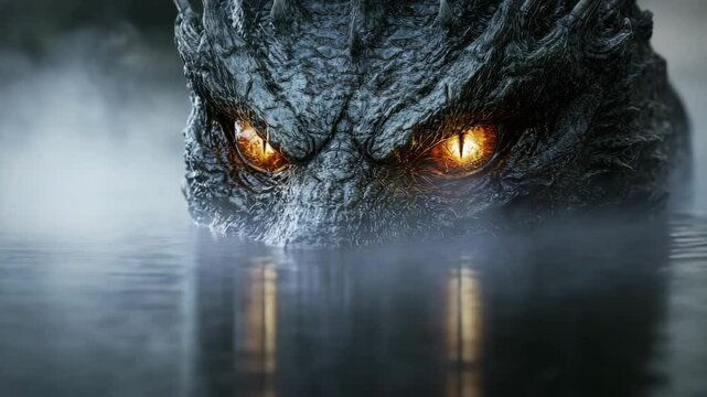 A menacing dragon with glowing eyes emerges from misty water, its scales detailed and intimidating in a foggy, fantasy setting.