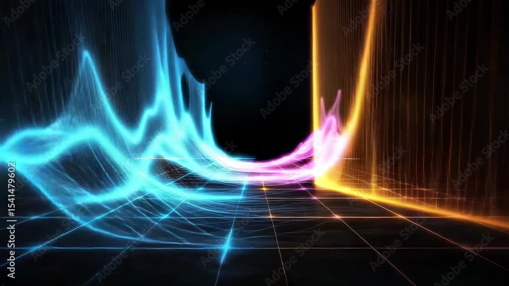 Poster a glowing neon grid with colorful electric lines and a vertical beam, set against a dark futuristic 